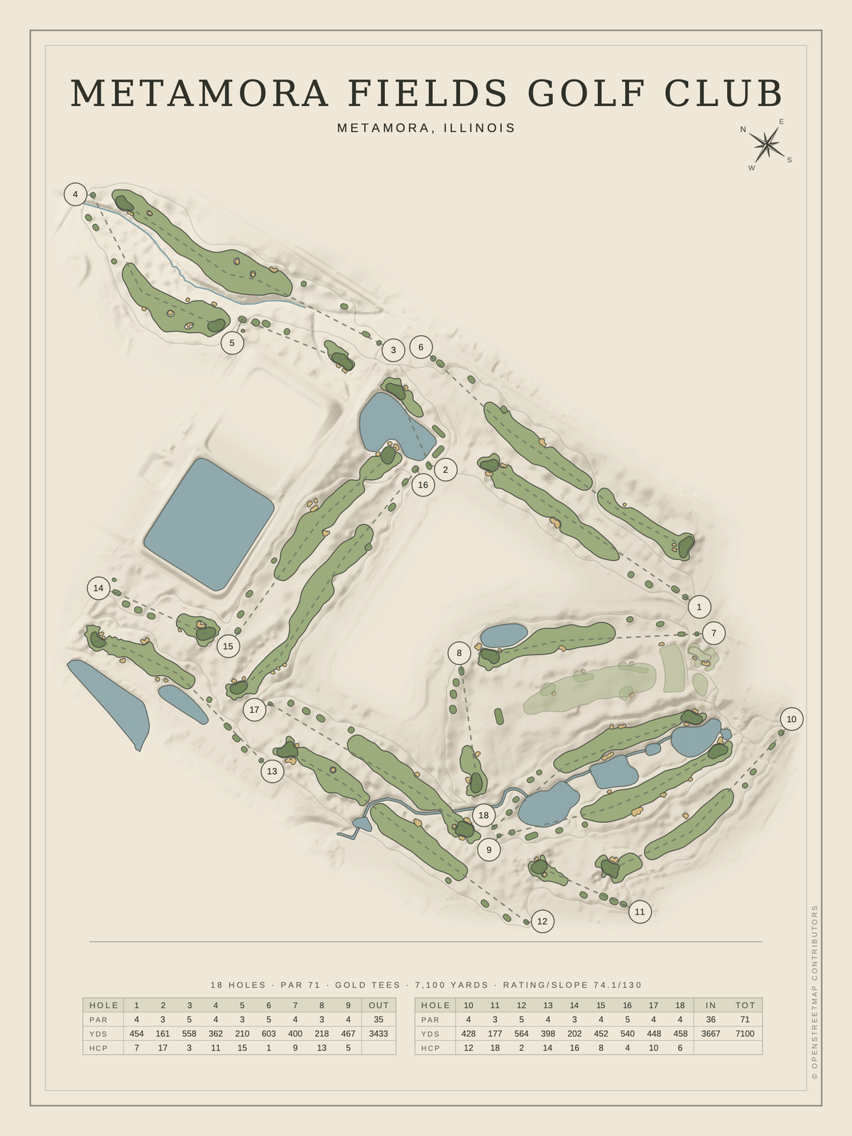 Metamora Fields Golf Club course map poster, Classic style, 12×16 / 18×24