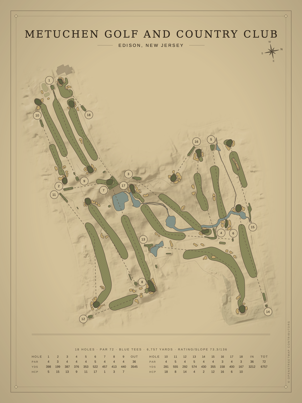 Metuchen Golf and Country Club course map poster, Vintage style, 12×16 / 18×24