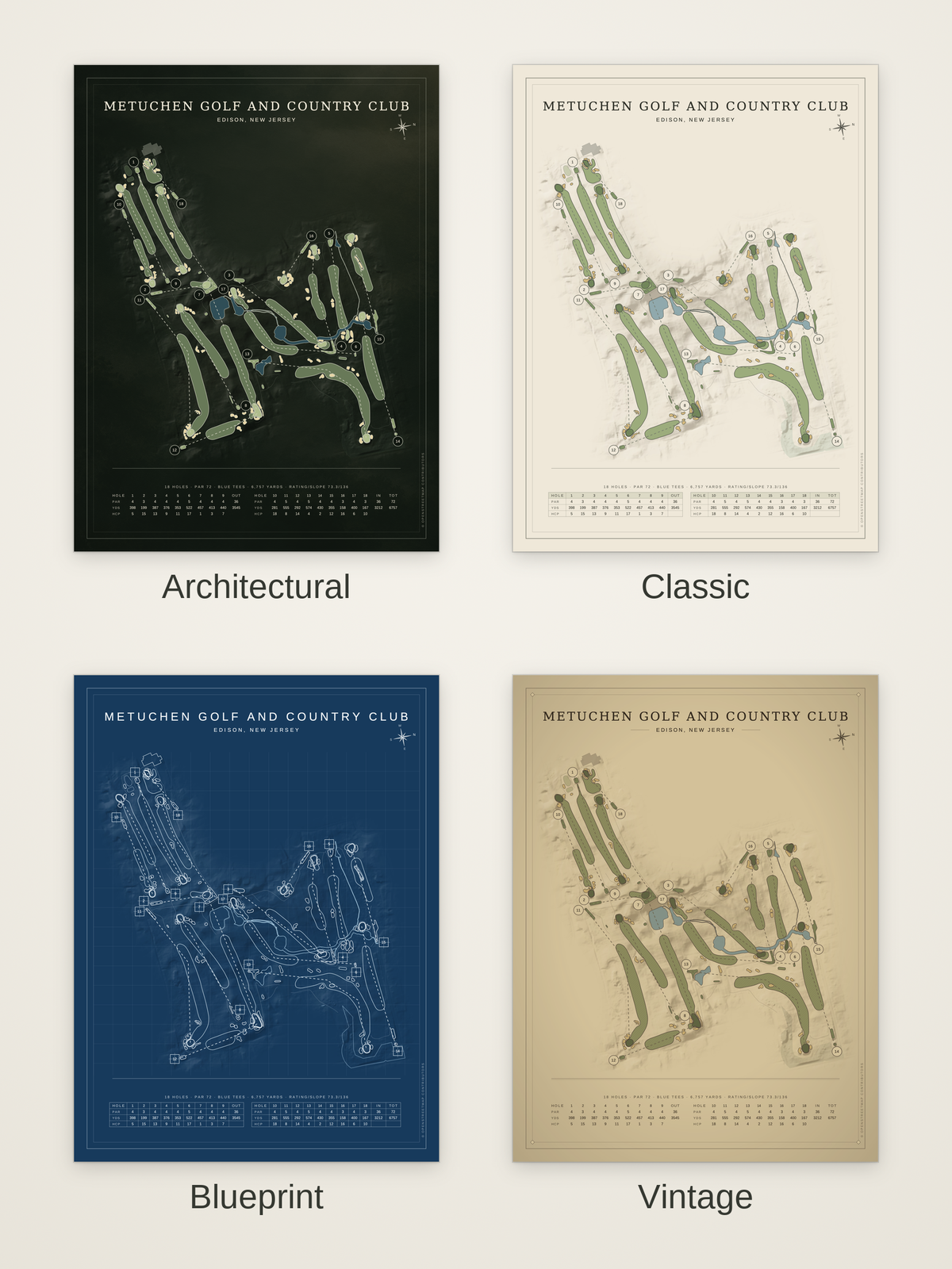 Metuchen Golf and Country Club course map poster in four styles: Architectural, Classic, Blueprint and Vintage