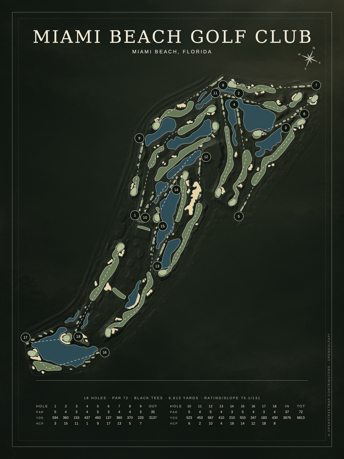 Miami Beach Golf Club course map poster, Architectural style, 12×16 / 18×24