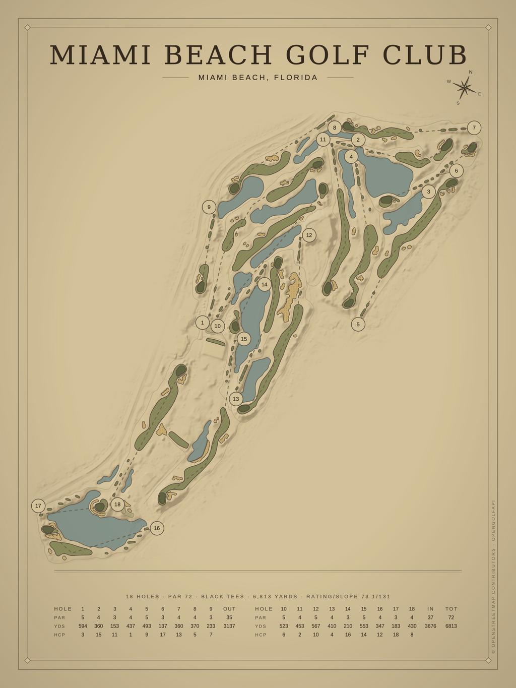 Miami Beach Golf Club course map poster, Vintage style, 12×16 / 18×24