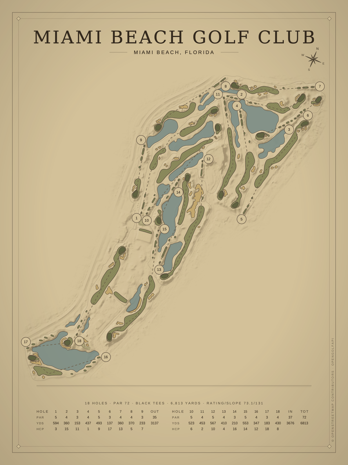 Miami Beach Golf Club course map poster, Vintage style, 12×16 / 18×24