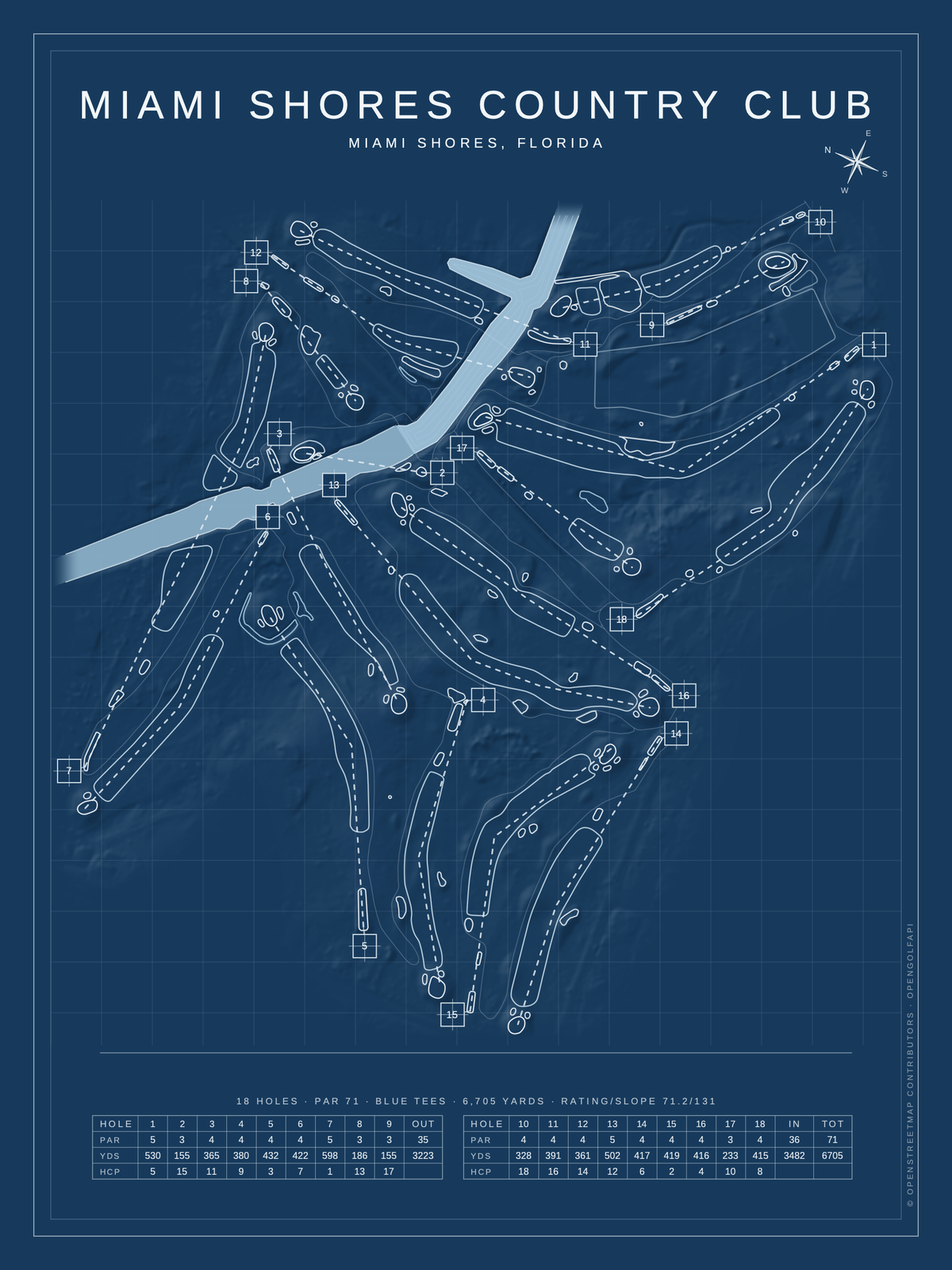 Miami Shores Country Club course map poster, Blueprint style, 12×16 / 18×24