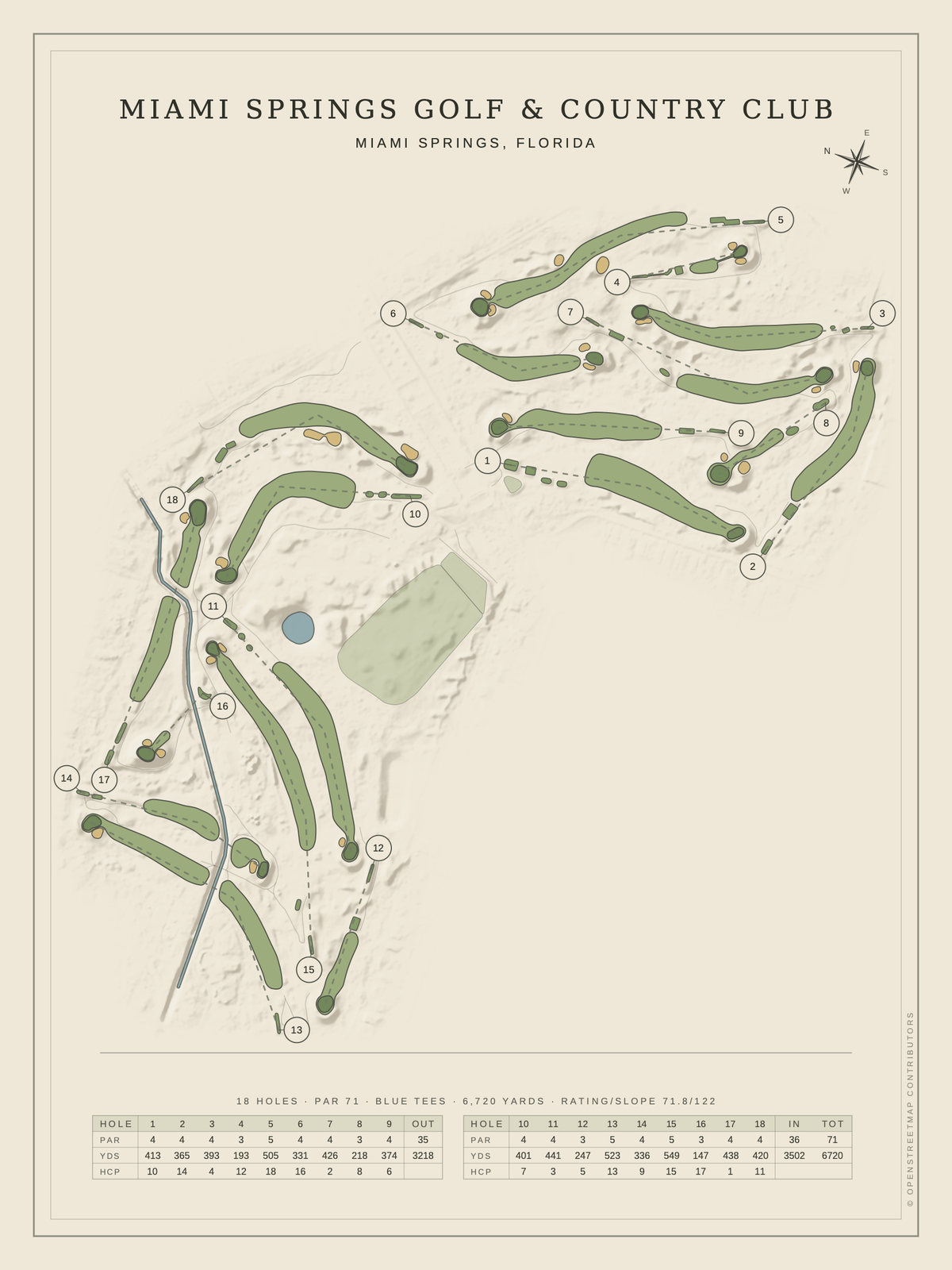 Miami Springs Golf & Country Club course map poster, Classic style, 12×16 / 18×24