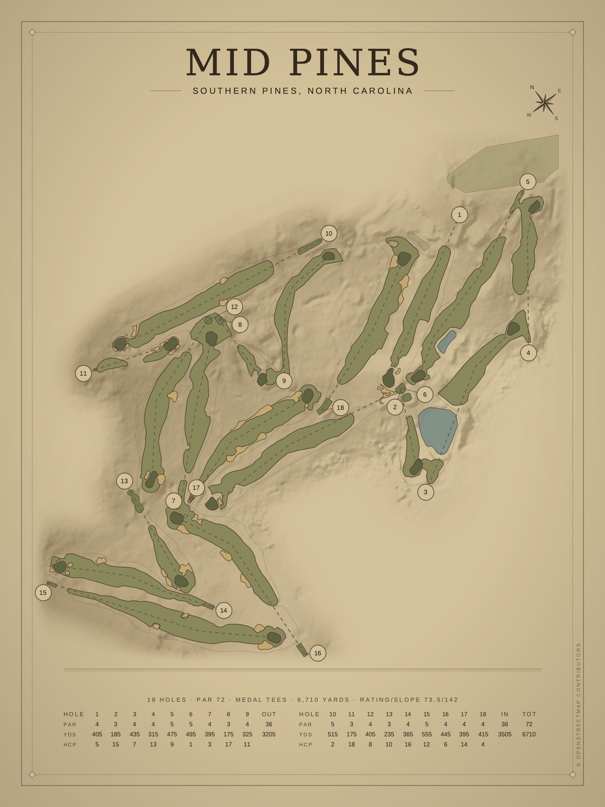 Mid Pines course map poster, Vintage style, 12×16 / 18×24