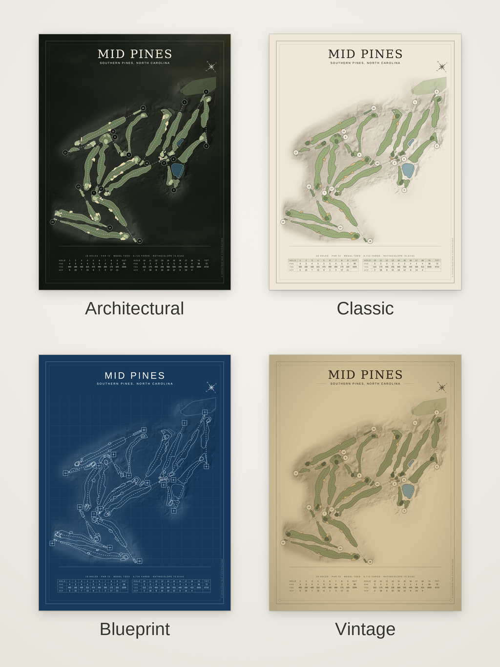 Mid Pines course map poster in four styles: Architectural, Classic, Blueprint and Vintage