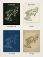 Mid Pines course map poster in four styles: Architectural, Classic, Blueprint and Vintage