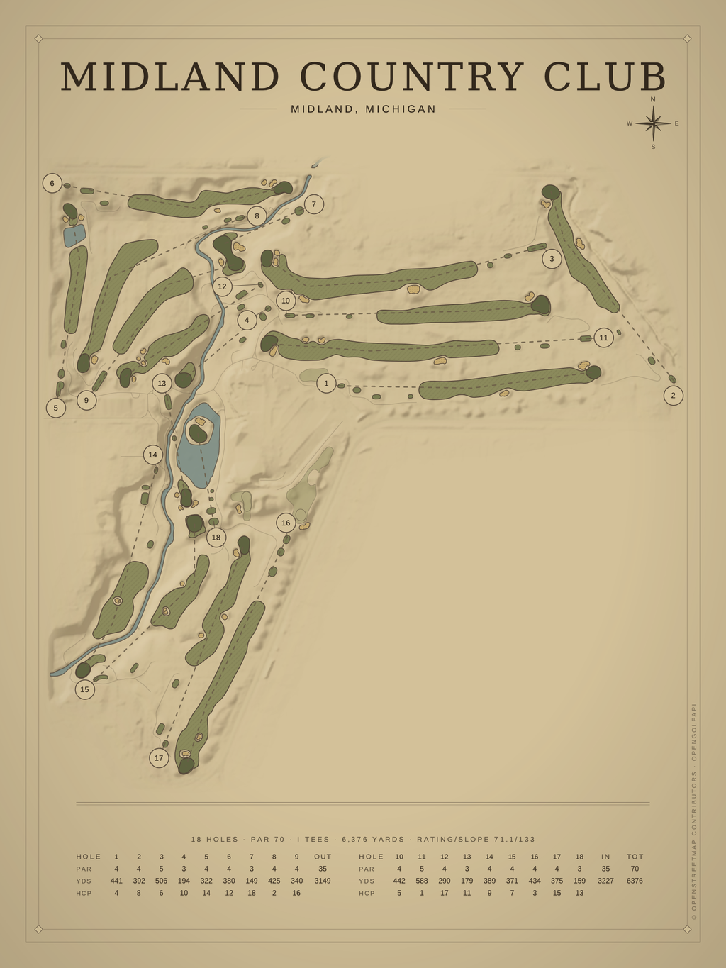 Midland Country Club course map poster, Vintage style, 12×16 / 18×24