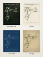 Midland Country Club course map poster in four styles: Architectural, Classic, Blueprint and Vintage