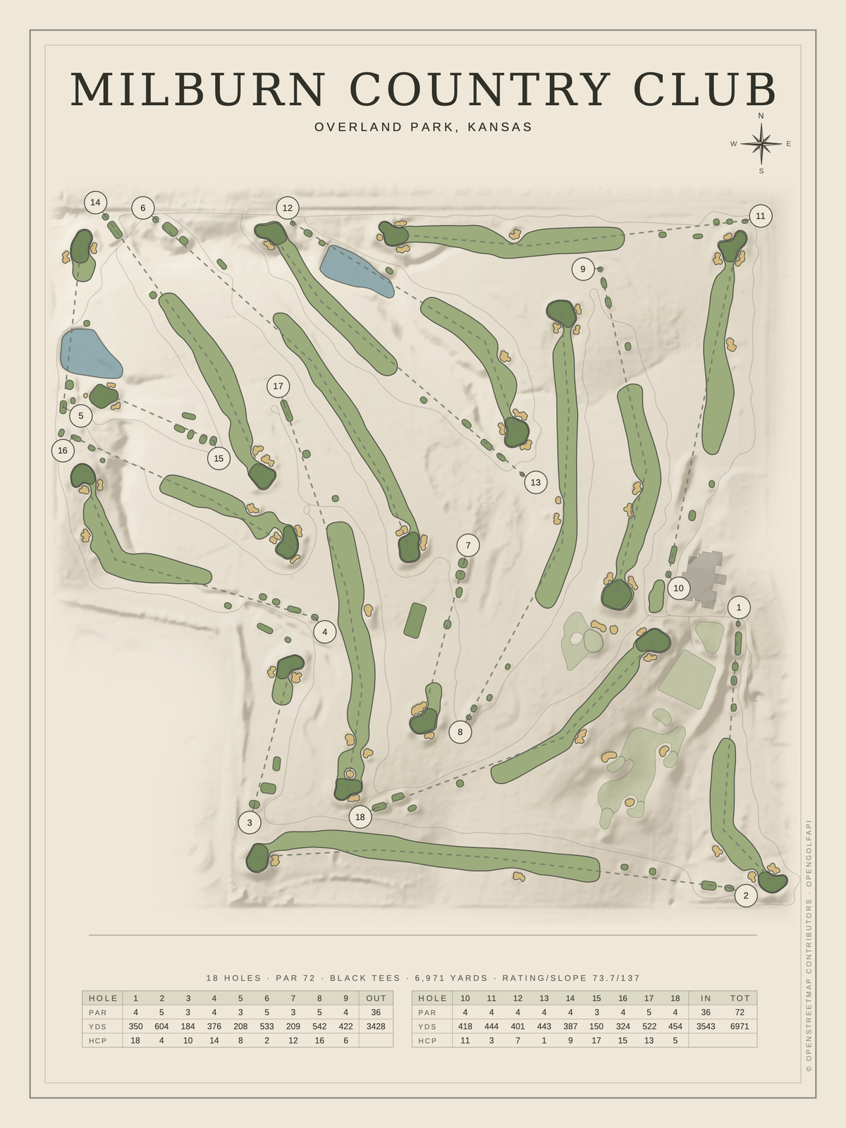 Milburn Country Club course map poster, Classic style, 12×16 / 18×24
