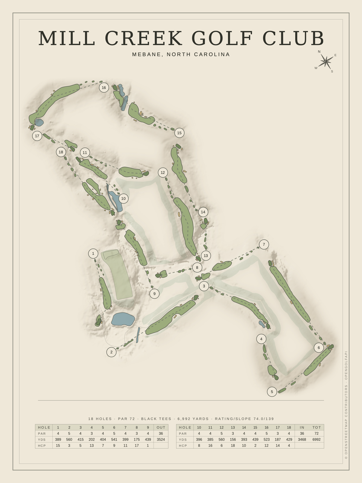 Mill Creek Golf Club (Mebane) course map poster, Classic style, 12×16 / 18×24