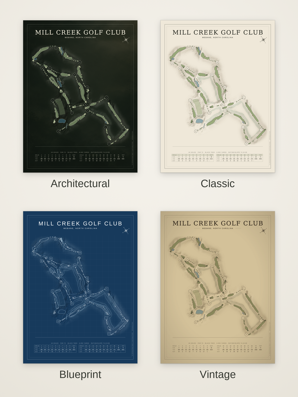 Mill Creek Golf Club (Mebane) course map poster in four styles: Architectural, Classic, Blueprint and Vintage