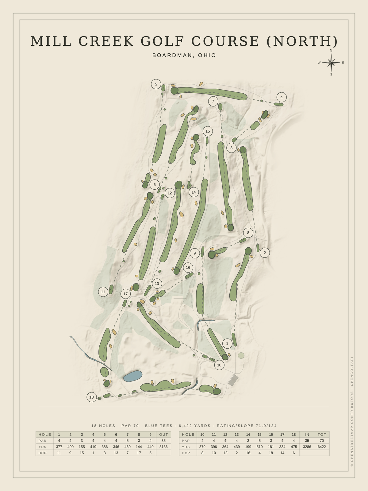 Mill Creek Golf Course (North) course map poster, Classic style, 12×16 / 18×24