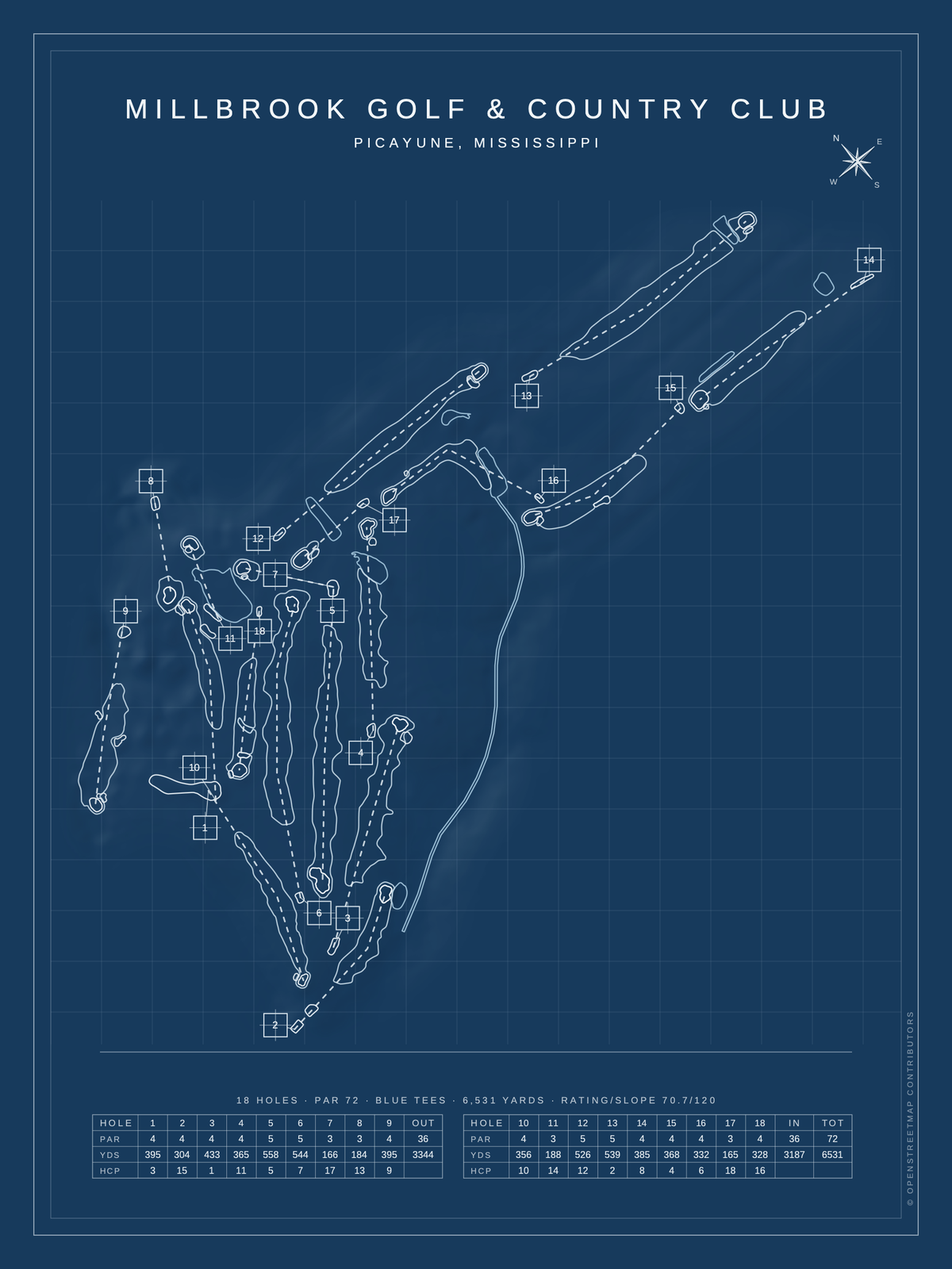 Millbrook Golf & Country Club course map poster, Blueprint style, 12×16 / 18×24