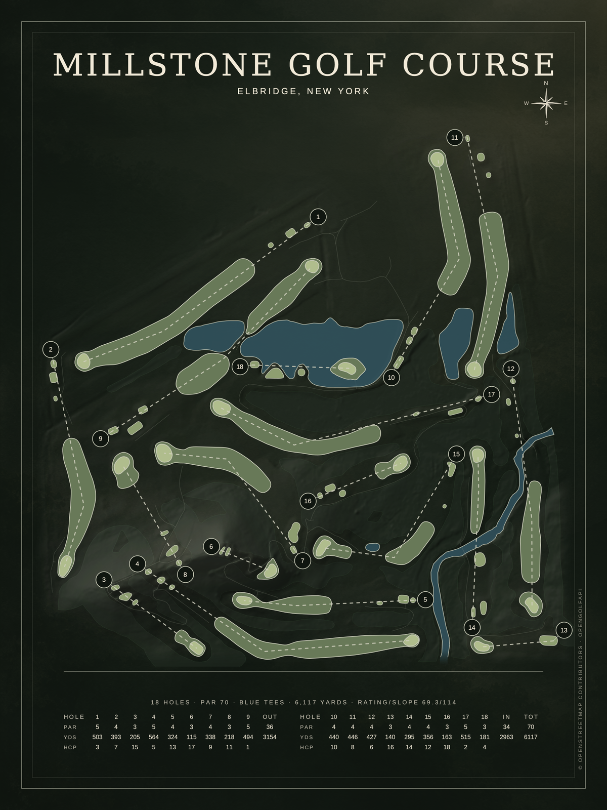 Millstone Golf Course map poster, Architectural style, 12×16 / 18×24