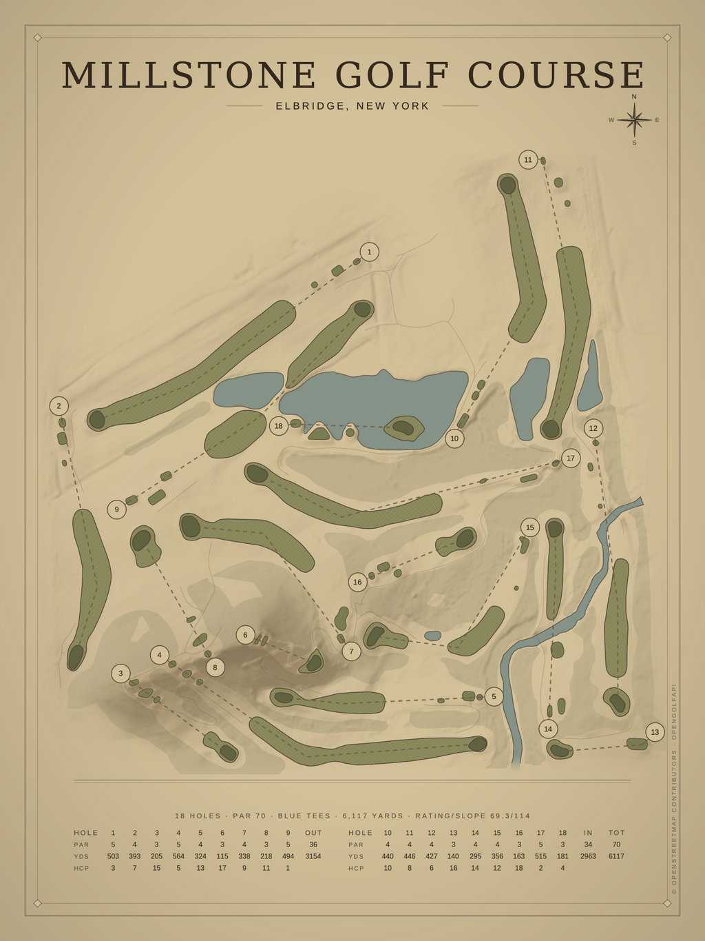 Millstone Golf Course map poster, Vintage style, 12×16 / 18×24