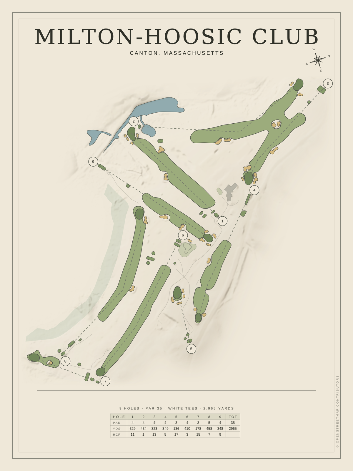 Milton-Hoosic Club course map poster, Classic style, 12×16 / 18×24