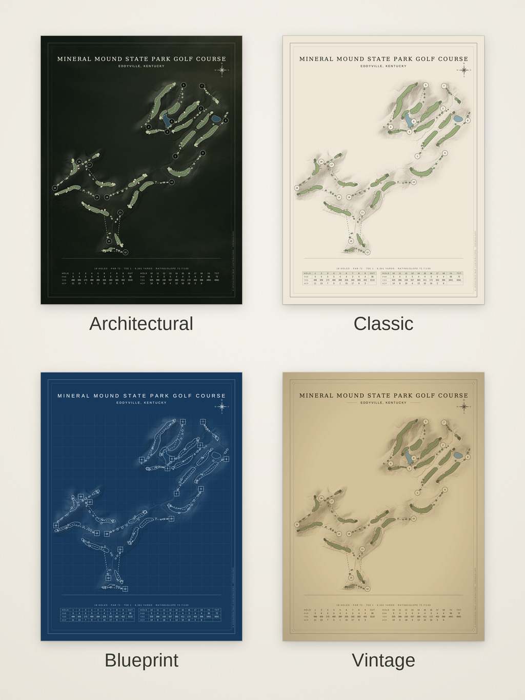 Mineral Mound State Park Golf Course map poster in four styles: Architectural, Classic, Blueprint and Vintage