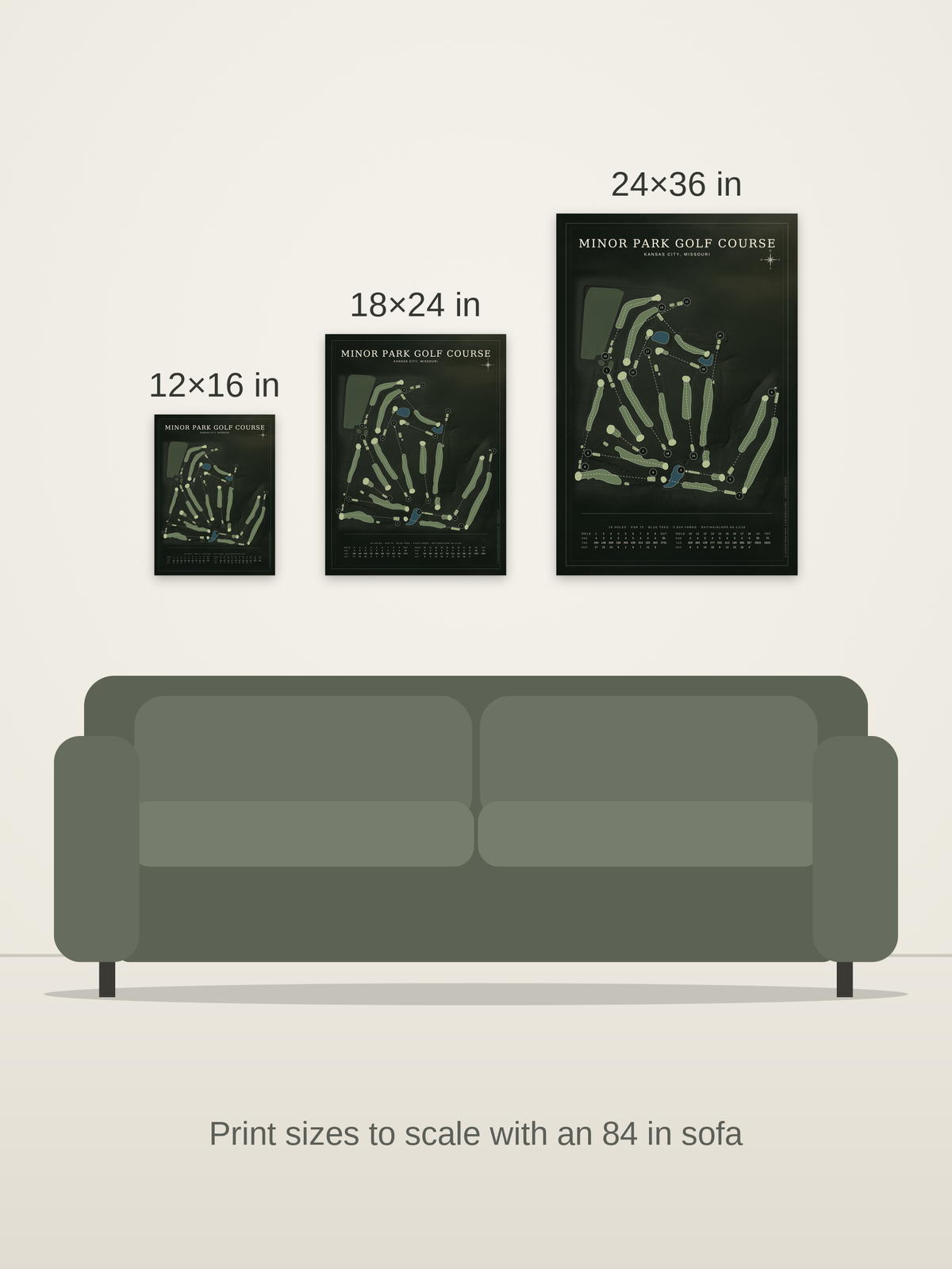 Minor Park Golf Course map poster in the Architectural style at 12×16, 18×24 and 24×36 inches, shown to scale on a wall above an 84-inch sofa