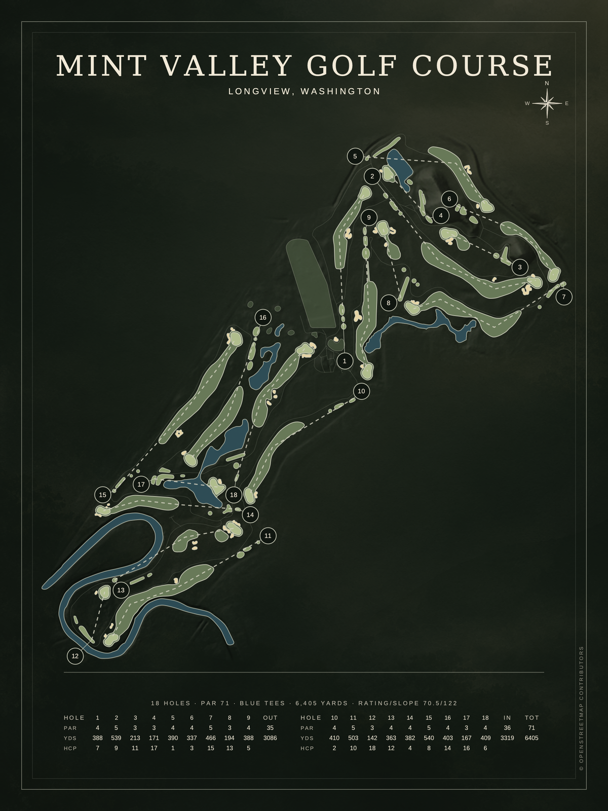 Mint Valley Golf Course map poster, Architectural style, 12×16 / 18×24