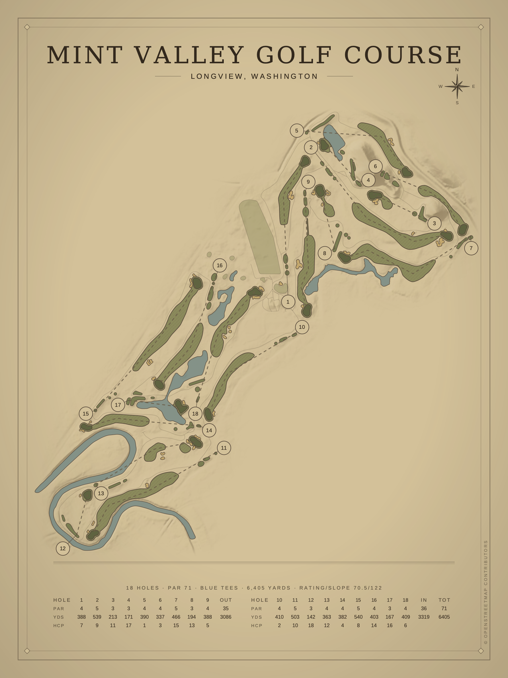 Mint Valley Golf Course map poster, Vintage style, 12×16 / 18×24