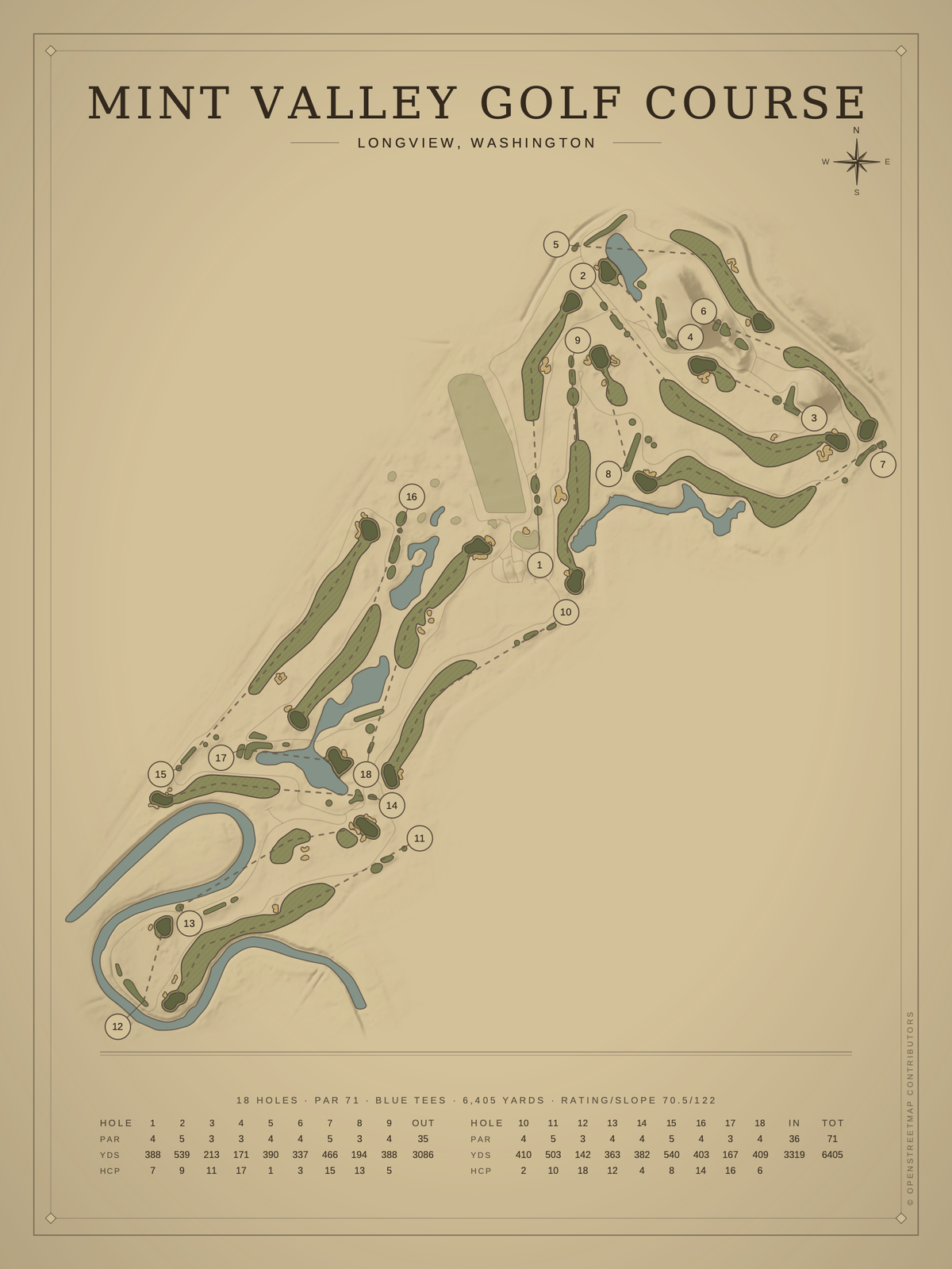 Mint Valley Golf Course map poster, Vintage style, 12×16 / 18×24