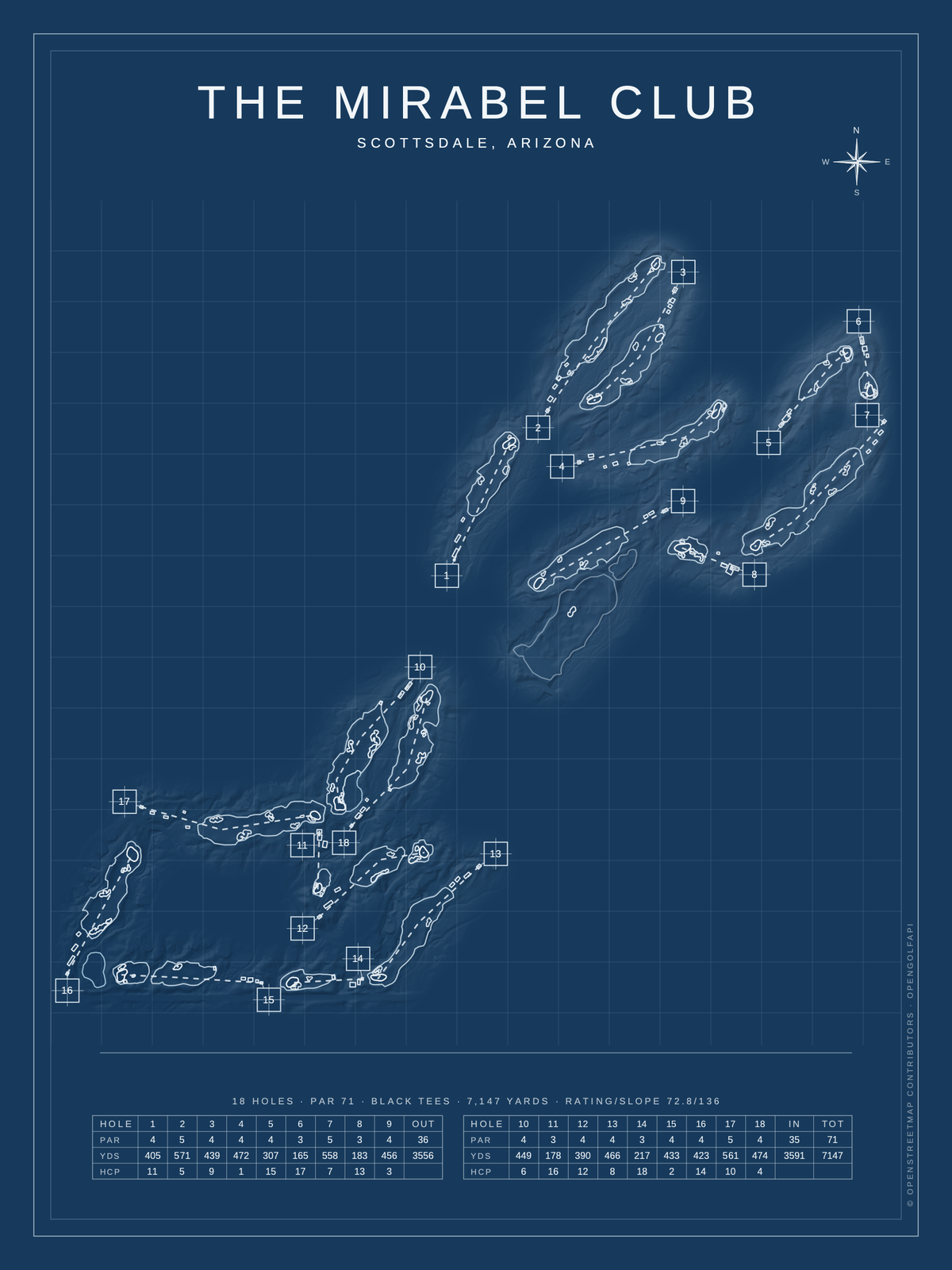 The Mirabel Club course map poster, Blueprint style, 12×16 / 18×24
