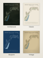 Mission Trails Golf Course map poster in four styles: Architectural, Classic, Blueprint and Vintage
