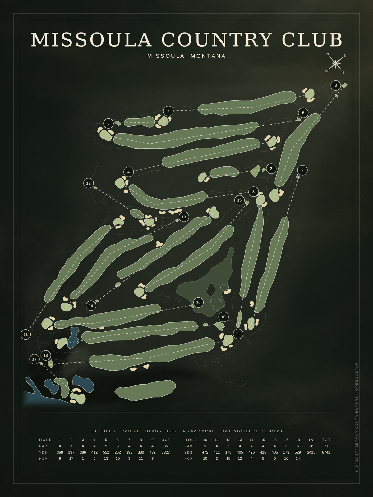 Missoula Country Club course map poster, Architectural style, 12×16 / 18×24