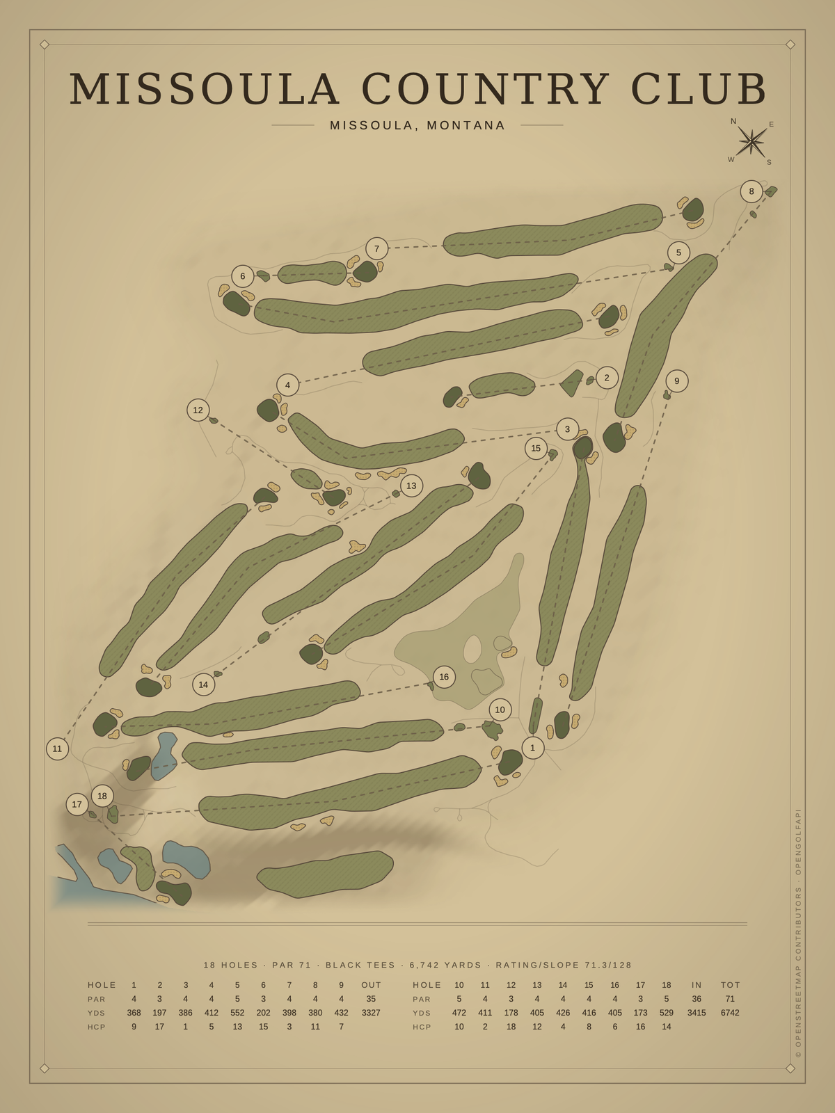 Missoula Country Club course map poster, Vintage style, 12×16 / 18×24