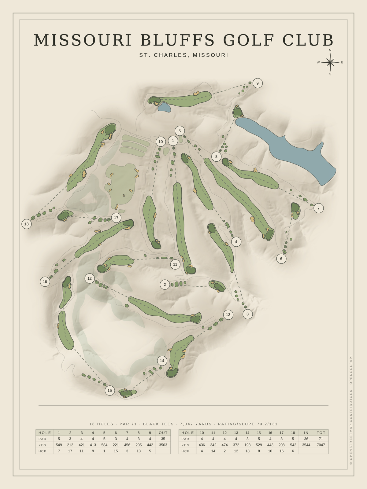 Missouri Bluffs Golf Club course map poster, Classic style, 12×16 / 18×24