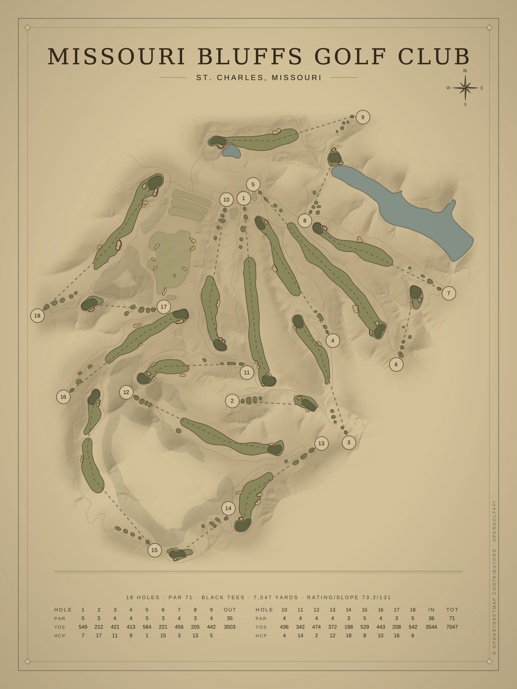 Missouri Bluffs Golf Club course map poster, Vintage style, 12×16 / 18×24