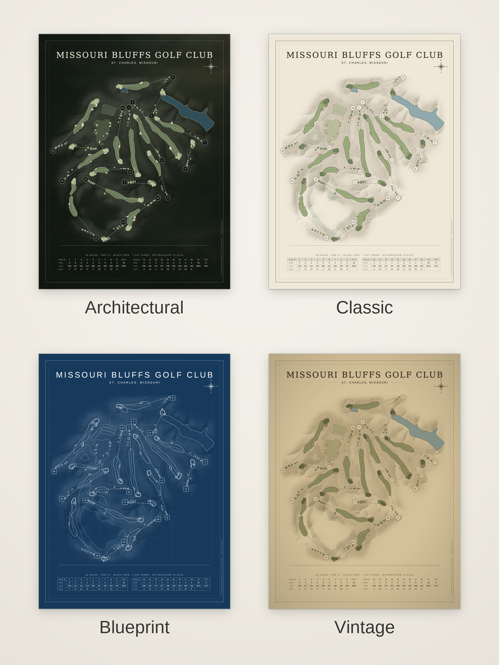 Missouri Bluffs Golf Club course map poster in four styles: Architectural, Classic, Blueprint and Vintage