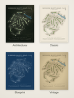 Missouri Bluffs Golf Club course map poster in four styles: Architectural, Classic, Blueprint and Vintage