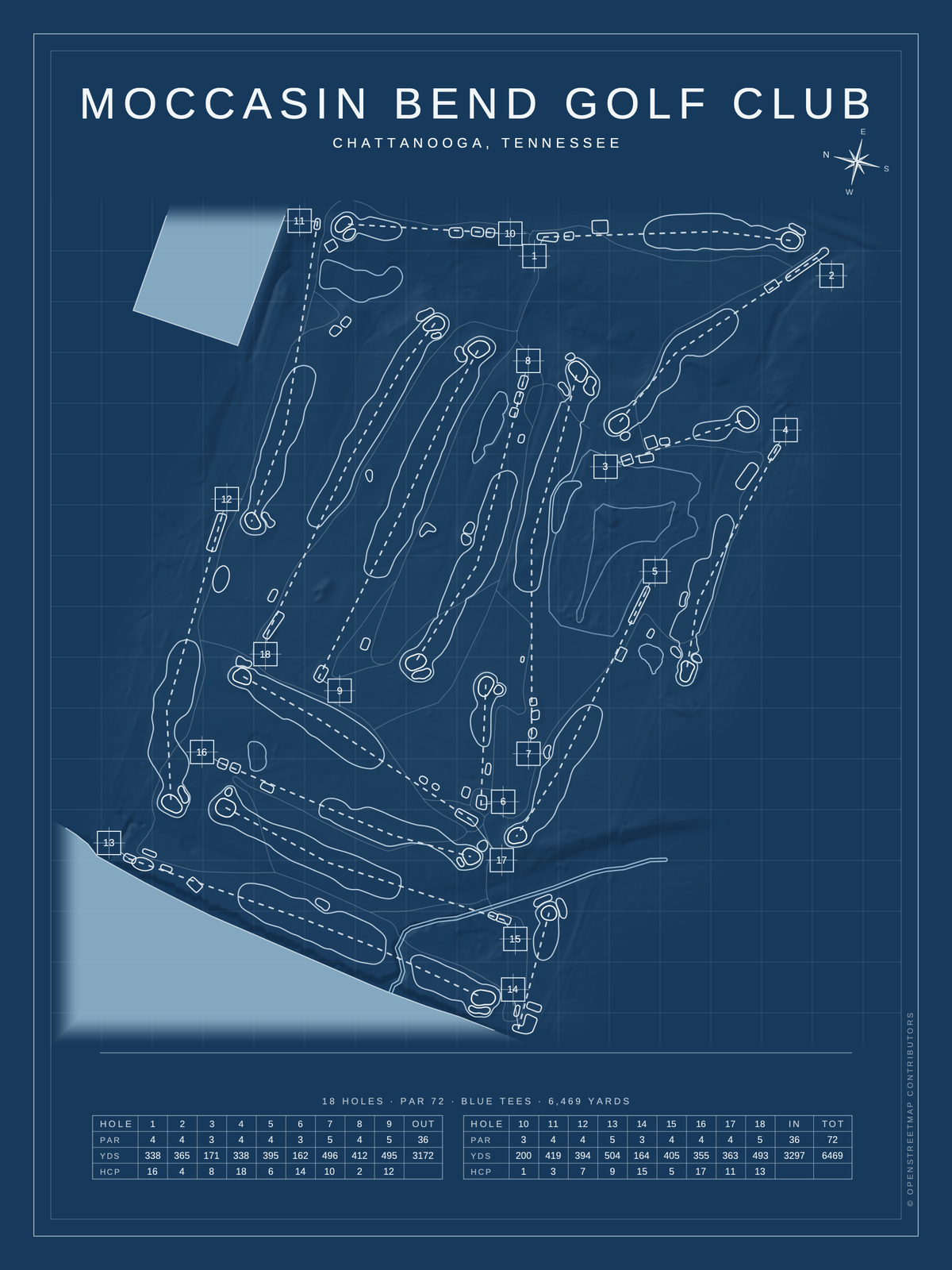 Moccasin Bend Golf Club course map poster, Blueprint style, 12×16 / 18×24