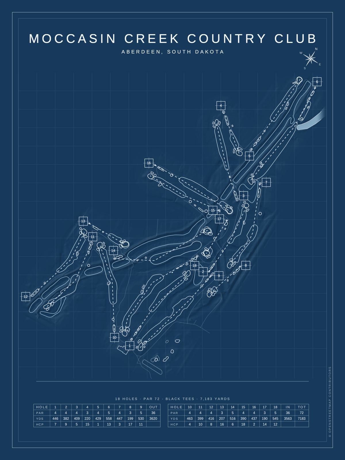 Moccasin Creek Country Club course map poster, Blueprint style, 12×16 / 18×24