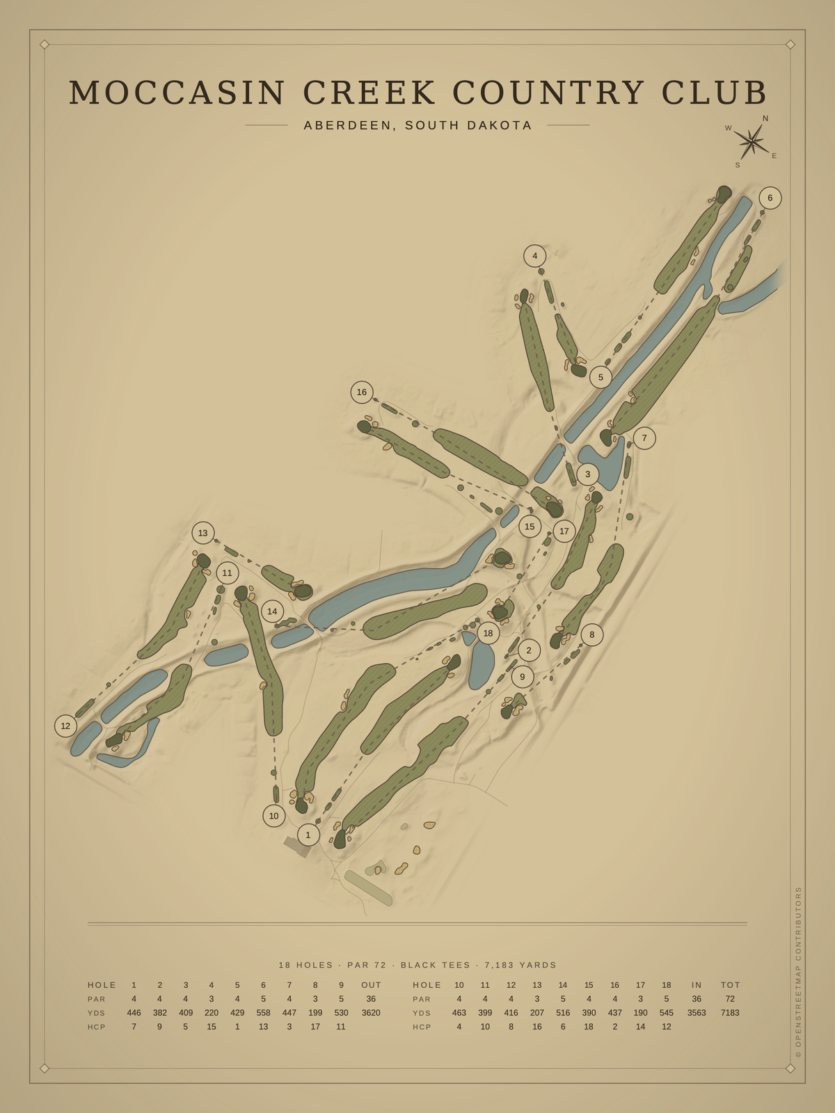 Moccasin Creek Country Club course map poster, Vintage style, 12×16 / 18×24