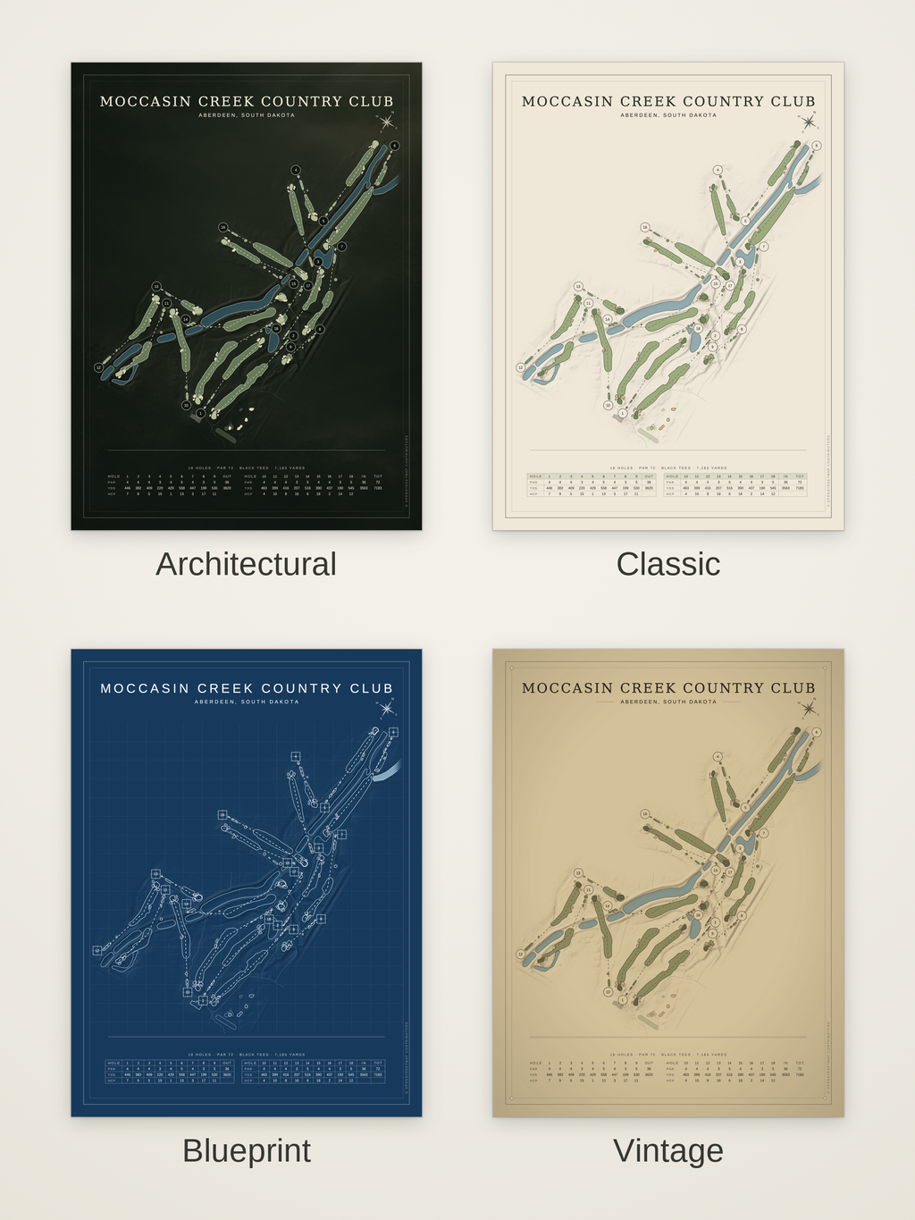 Moccasin Creek Country Club course map poster in four styles: Architectural, Classic, Blueprint and Vintage