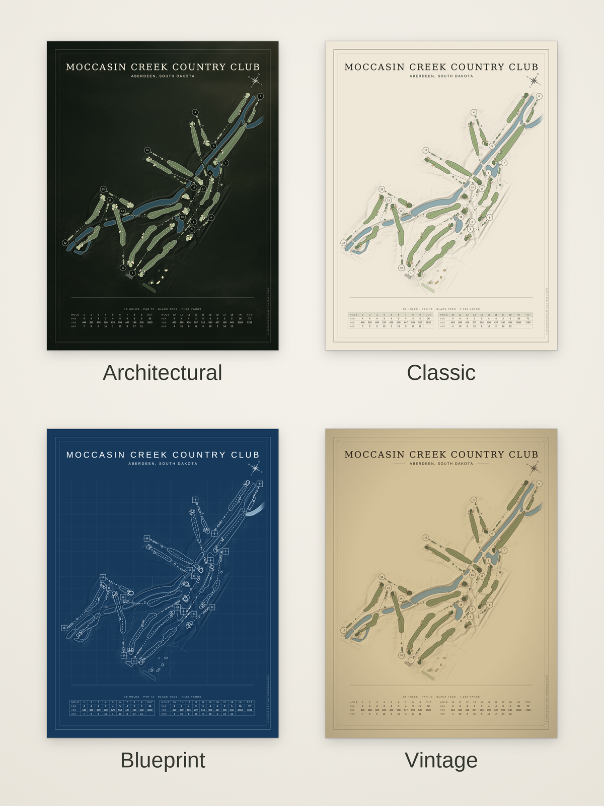Moccasin Creek Country Club course map poster in four styles: Architectural, Classic, Blueprint and Vintage