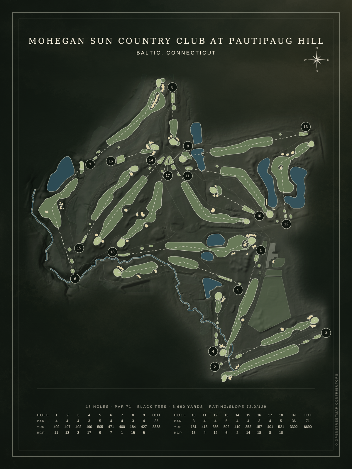 Mohegan Sun Country Club at Pautipaug Hill course map poster, Architectural style, 12×16 / 18×24