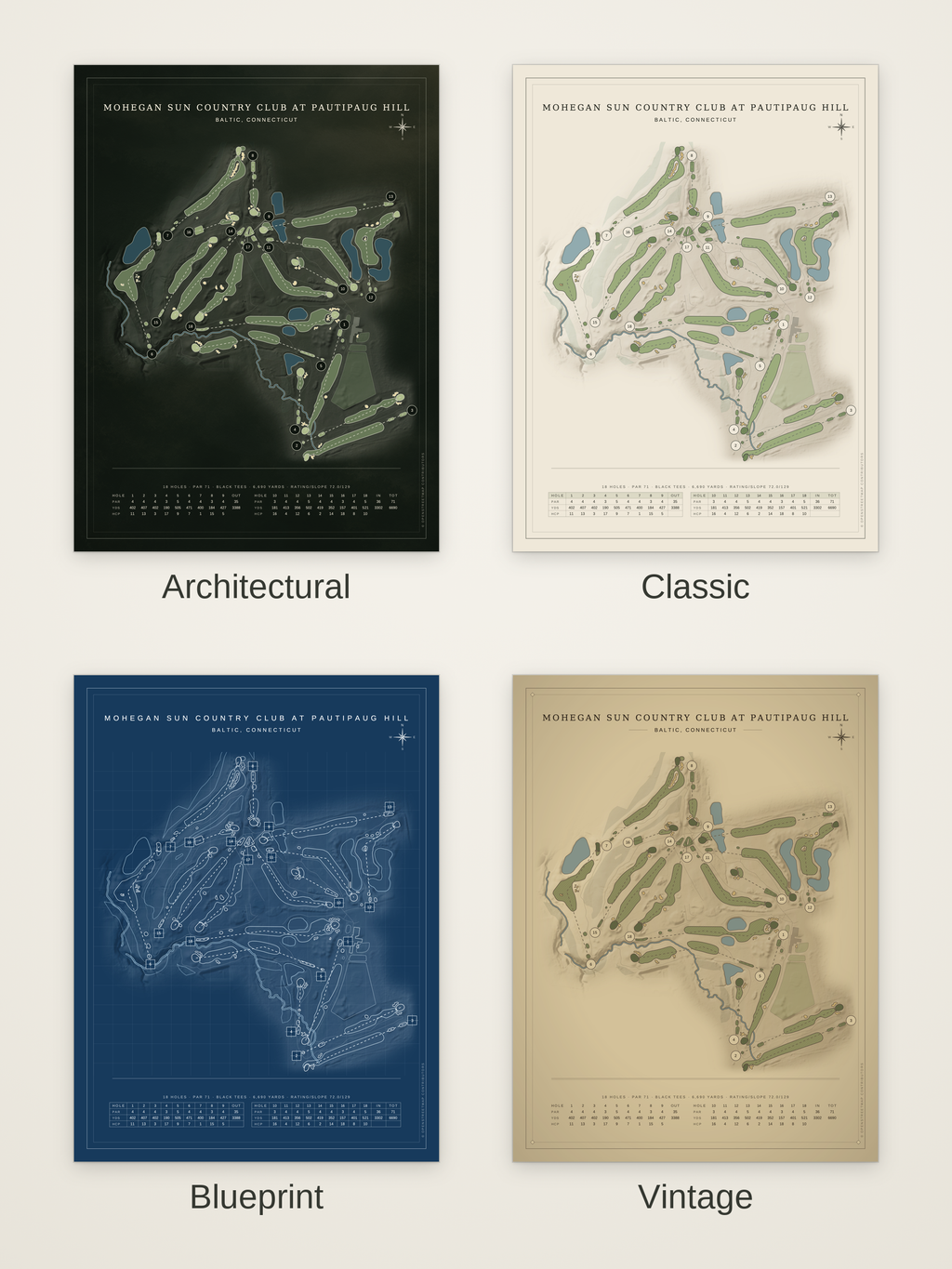 Mohegan Sun Country Club at Pautipaug Hill course map poster in four styles: Architectural, Classic, Blueprint and Vintage