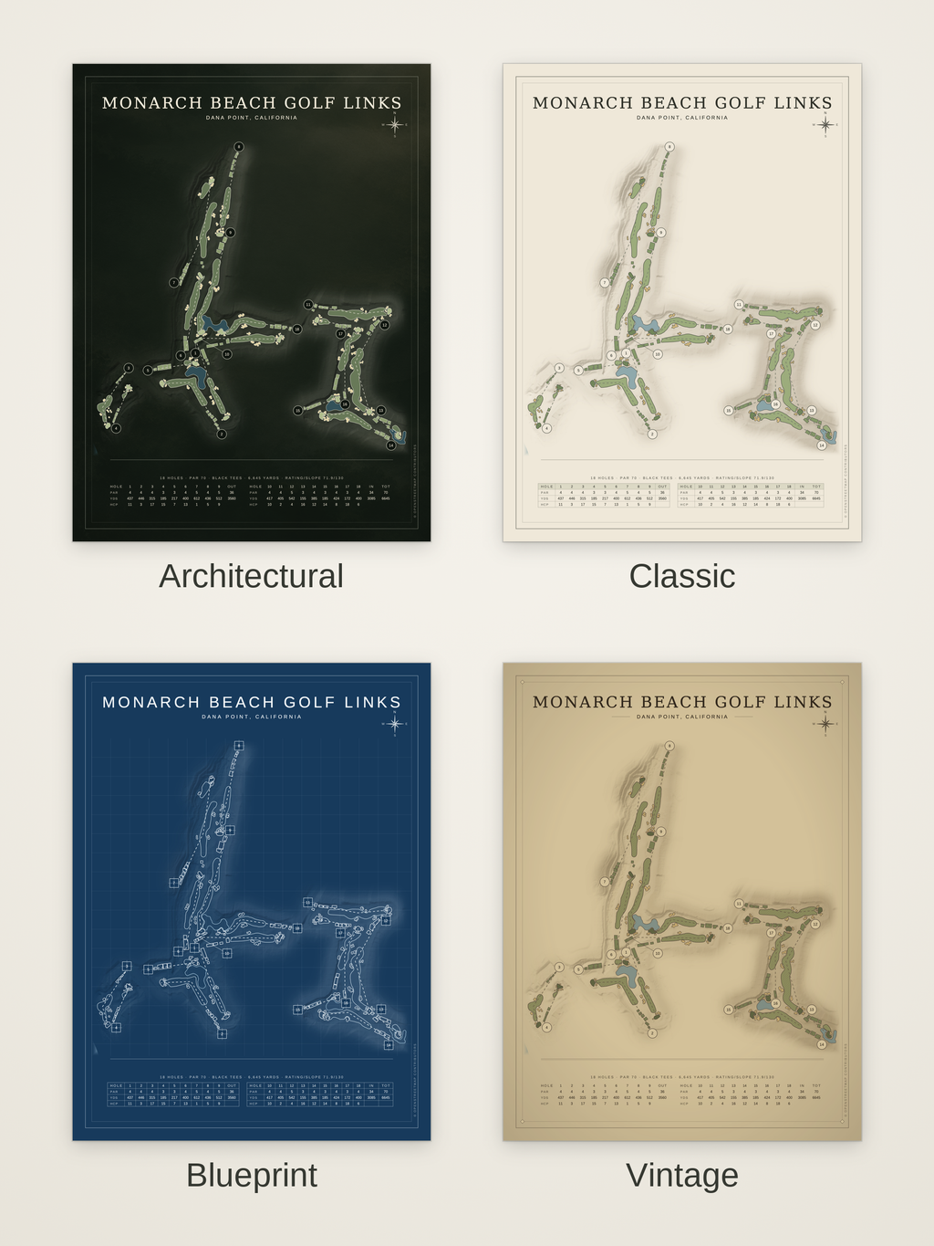 Monarch Beach Golf Links course map poster in four styles: Architectural, Classic, Blueprint and Vintage