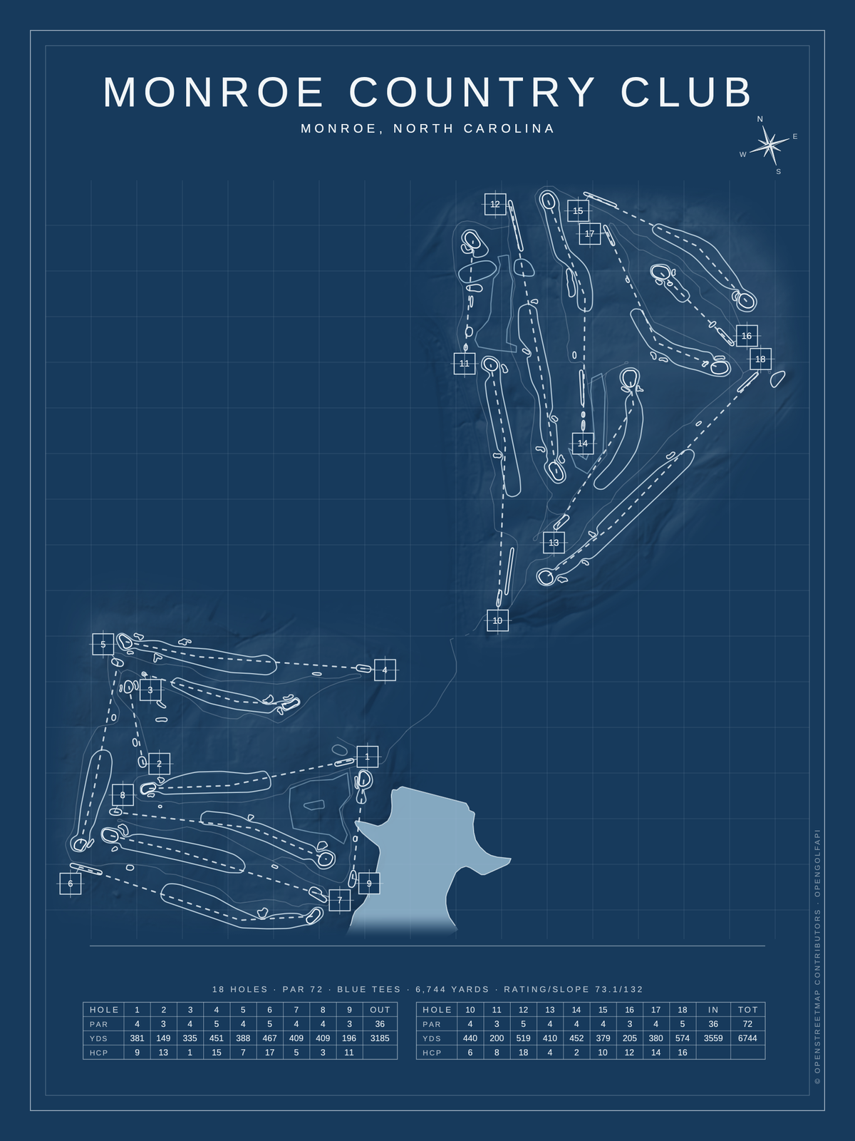 Monroe Country Club course map poster, Blueprint style, 12×16 / 18×24