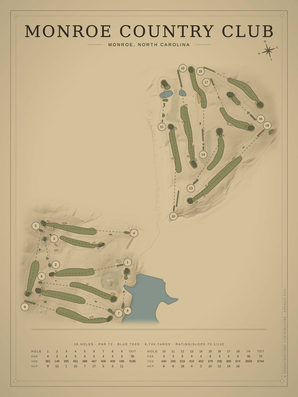 Monroe Country Club course map poster, Vintage style, 12×16 / 18×24