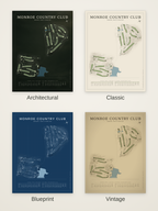 Monroe Country Club course map poster in four styles: Architectural, Classic, Blueprint and Vintage