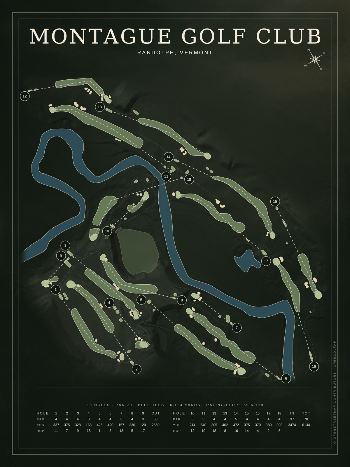 Montague Golf Club course map poster, Architectural style, 12×16 / 18×24