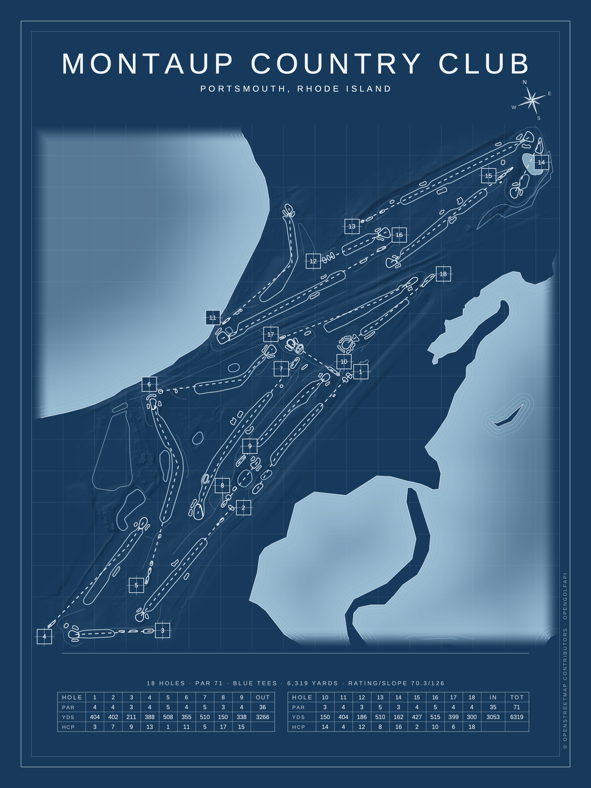 Montaup Country Club course map poster, Blueprint style, 12×16 / 18×24