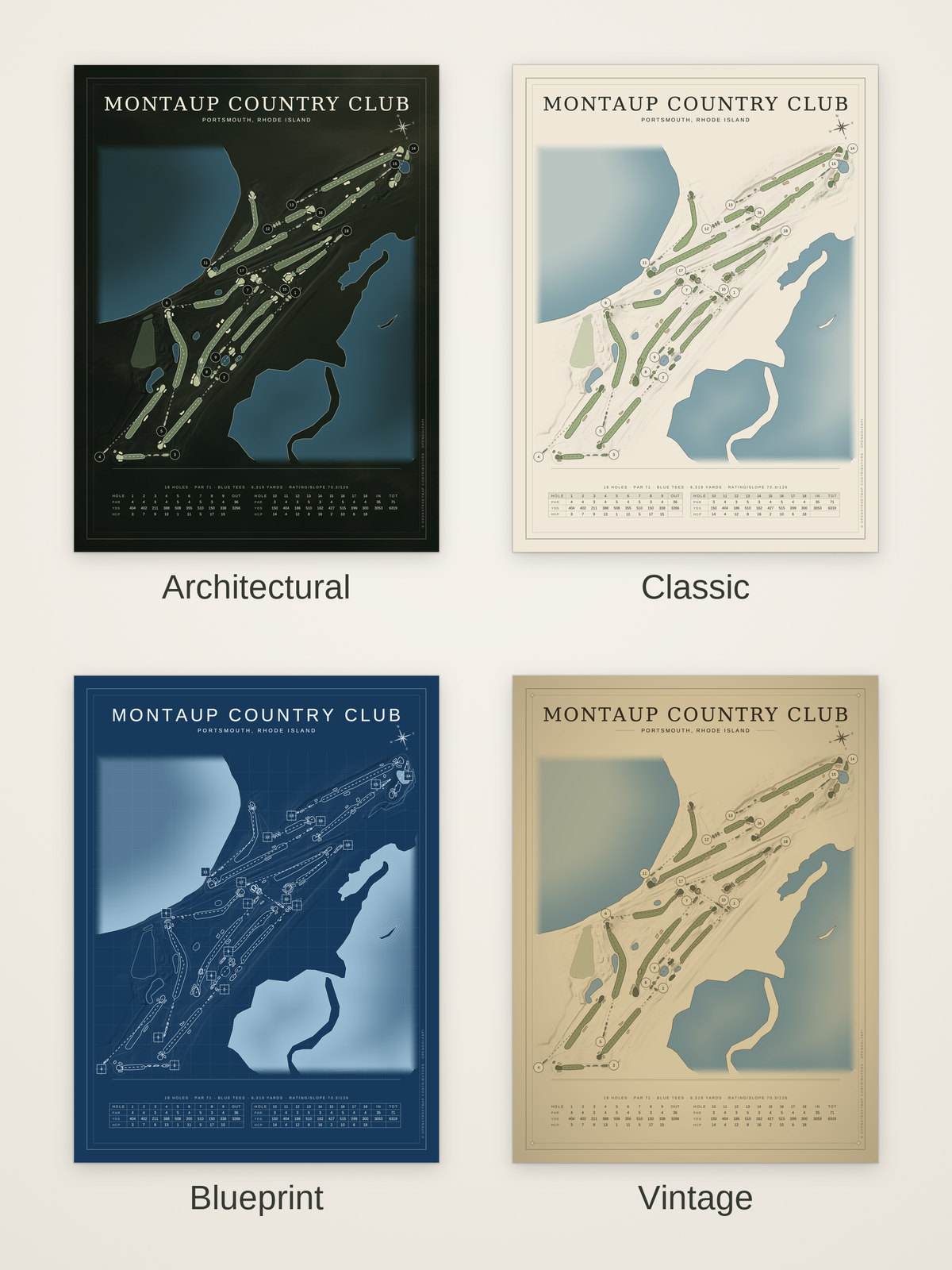 Montaup Country Club course map poster in four styles: Architectural, Classic, Blueprint and Vintage