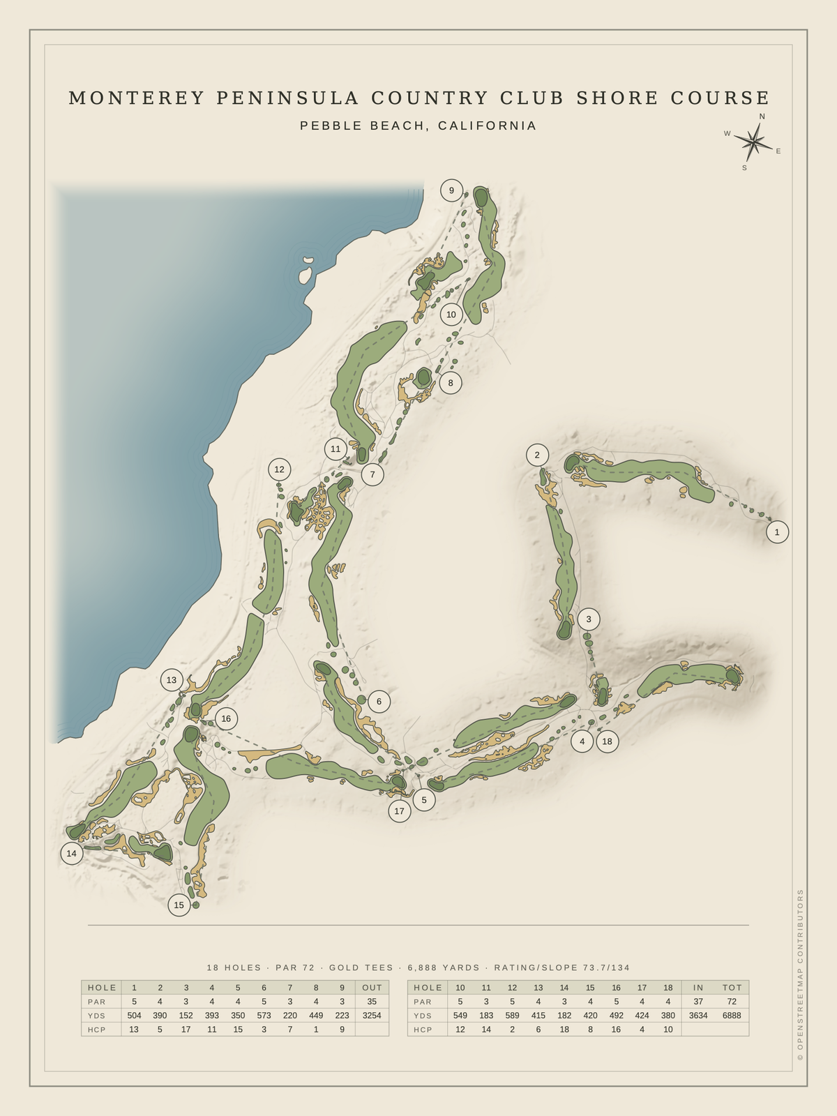 Monterey Peninsula Country Club Shore Course map poster, Classic style, 12×16 / 18×24