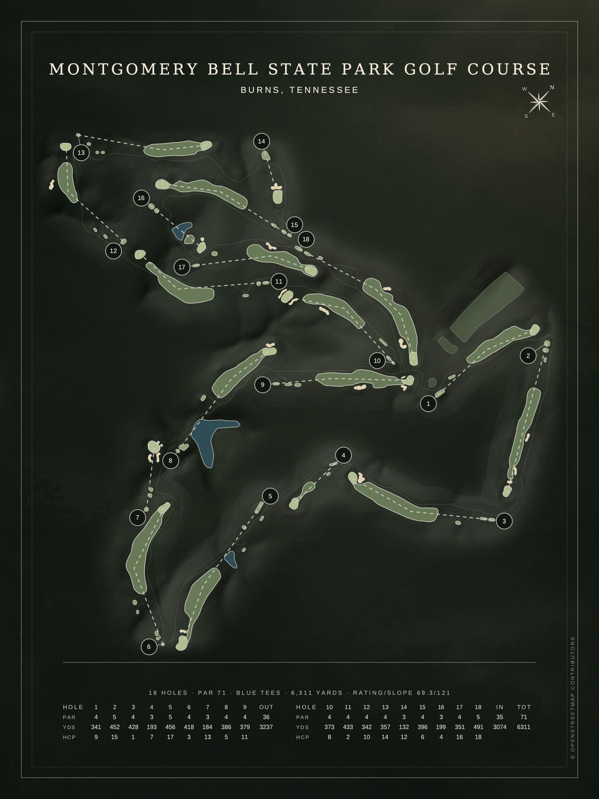 Montgomery Bell State Park Golf Course map poster, Architectural style, 12×16 / 18×24